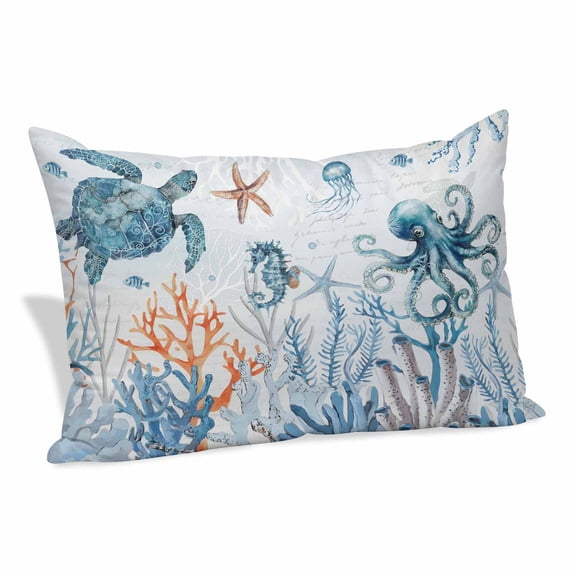 Blue Turtle Coastal Pillow Covers, Linen Long Throw Pillow Case, Octopus Summer Beach Coral Seahorse Holiday Pillow Protector Decorative Cushion Cover for Living Room/Bedroom 20" x 30"