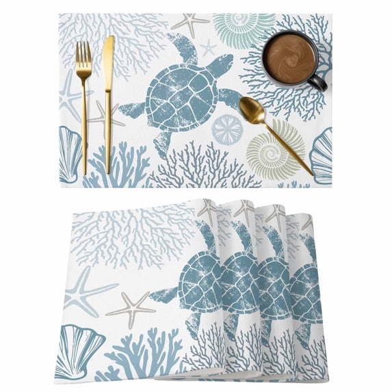 Blue Turtle Coastal Placemats Set of 4 Summer Beach Nautical Coral Place Mats Indoor Wipeable Table Mats Washable Cloth Dining Table Placemats for Kitchen Holiday Party Home Decor 13x19 Inch