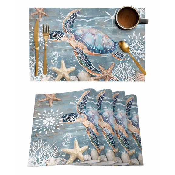 Blue Turtle Coastal Placemats Set of 4, Summer Beach Nautical Starfish Coral Placemats for Dining Table, Place Mats for Kitchen Tabletop, Waterproof Wipeable Dining Table Mats Set