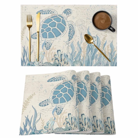 Blue Turtle Coastal Placemats Set of 6, Coral Summer Beach Nautical Ocean Beige Placemats for Dining Table, Place Mats for Kitchen Tabletop, Waterproof Wipeable Dining Table Mats Set