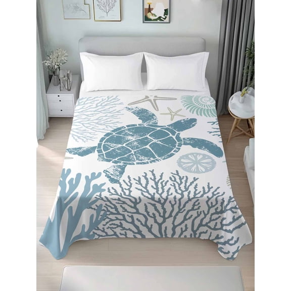 Blue Turtle Coastal Queen Size Flat Sheet, Wrinkleproof & Fadeproof Cooling Flat Bed Sheet Only, Summer Beach Nautical Coral Breathable Soft Bedding Top Sheets 90 x 102 Inches