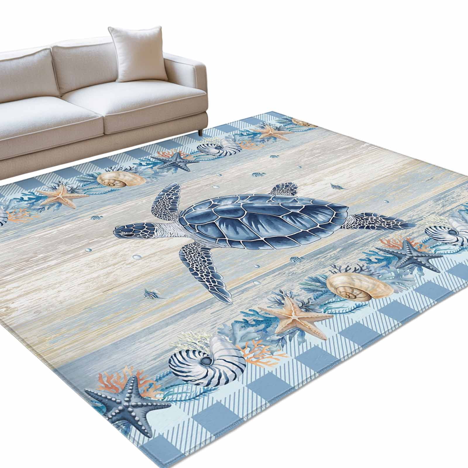 Blue Turtle Coastal Rectangle Rug 2.7'x5' Summer Starfish Beach Coral ...