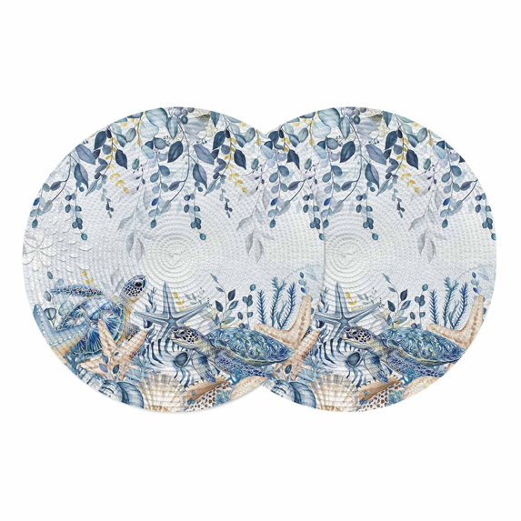 Blue Turtle Coastal Round 13 Inch Placemats Set of 2,Summer Beach Coral Nautical Starfish Eucalyptus HeatResistant Non Slip Place Mats for Dining Table,Wipeable Kitchen Table Mats for Housewarming