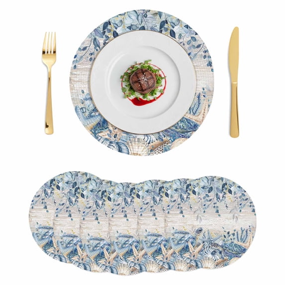 Blue Turtle Coastal Round 13 Inch Placemats Set of 6,Beach Coral Nautical Starfish Eucalyptus Vintage HeatResistant Non Slip Place Mats for Dining Table,Wipeable Kitchen Table Mats for Housewarming