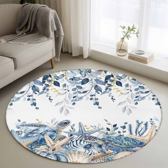 Circle Turtle Rug Blue Turtle Coastal Round Area Rug 3Ft Washable Small Circle Rugs for ...