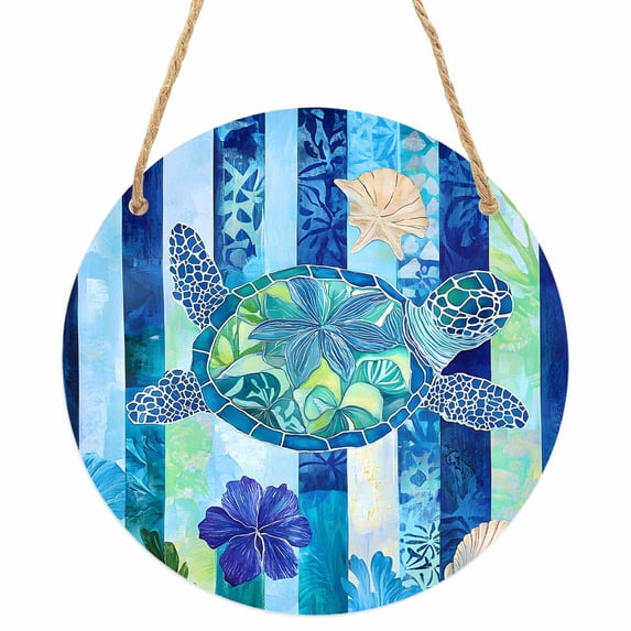 Blue Turtle Coastal Round Front Door Welcome Sign, 5.9 Inch Wall Hanging Decor for Indoor Outdoor, Nautical Beach Summer Sea Retro Home Porch Hanger Decorations for Holiday Gift