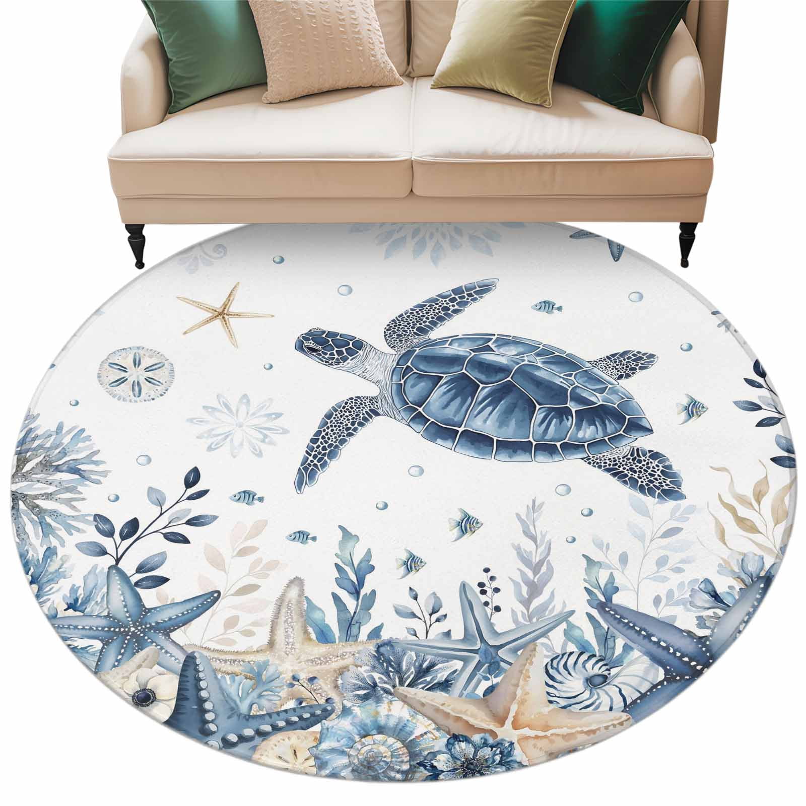 Circle Turtle Rug Blue Turtle Coastal Round Rug 5ft Washable Circle Kitchen Rugs Non Slip ...