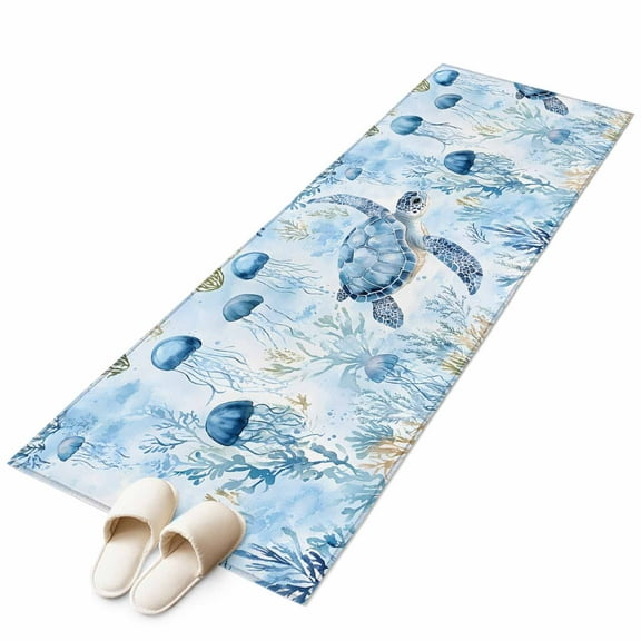 Blue Turtle Coastal Runner Rug 2x6 FT, Non Slip Hallway Carpet, Coral Beach Nautical Ocean Washable Soft Floor Carpet Throw Runner Carpet Long Rug for Entryway Kitchen Bedside Sliding Door