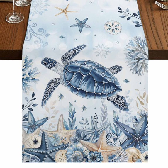 Blue Turtle Coastal Short Table Runner 48 Inches Long,Beach Starfish Nautical Coral Botanical Cotton Linen Table Runners Dresser Scarves,Fabric Tabletop Scarf Furniture Cover for Dinner Party 13"x48"