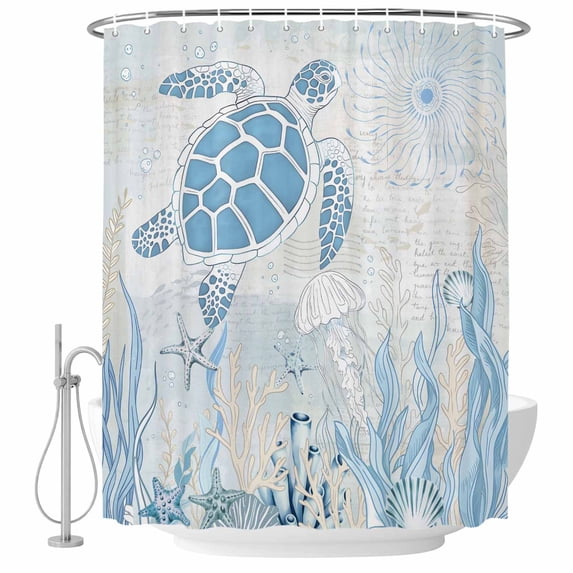 Blue Turtle Coastal Shower Curtain Set - Long 72" x 84" Washable Bathtub Curtain with 12 Hooks, Coral Summer Beach Nautical Ocean Blue Waterproof Fabric Shower Curtains for Bathroom/Bathtub Décor
