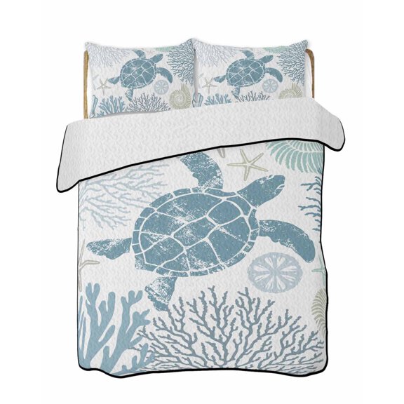 Blue Turtle Coastal Summer Quilt Set Full Size, Soft Microfiber Quilted Bedding Set with 2 Pillow Shams, Summer Beach Nautical Coral Lightweight All Season Bedspread Coverlet for Bedroom 78"x90"