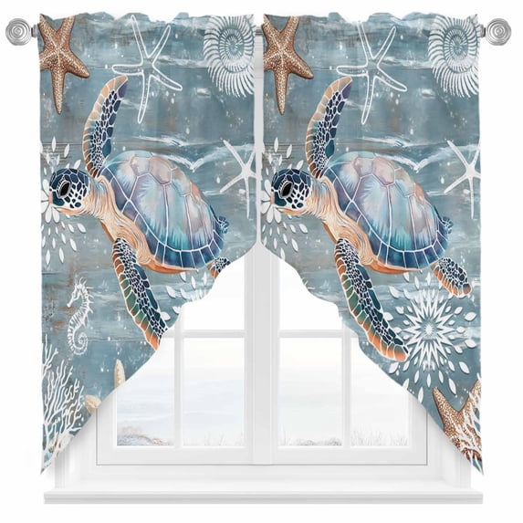 Blue Turtle Coastal Swag Curtains Valance For Kitchen Windows, Summer Beach Nautical Starfish Coral Wide Rod Pocket Curtain Drapes, Bathroom Living Room Light Filtering Drapery Panels, 72"W x 63"H