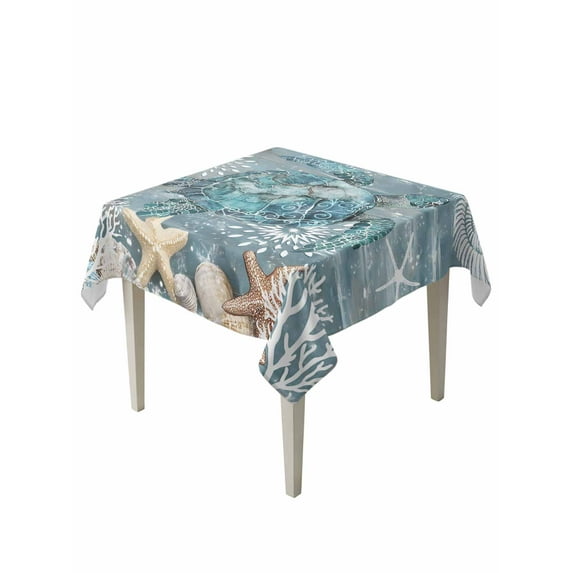 Blue Turtle Coastal Table Cloth, Summer Beach Ocean Starfish Coral Waterproof Tablecloth for Square Tables, Reusable Washable Fabric Table Cover for Restaurant Kitchen Dining Tables 54"x54"
