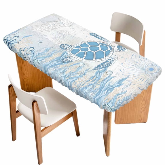 Blue Turtle Coastal Table Cloths for 4 Foot Rectangle Tables, Coral Summer Beach Nautical Ocean Blue Patio Waterproof Elastic Fitted Tablecloths, Washable Rectangular Table Cover for Camping