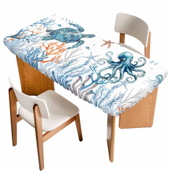 Blue Turtle Coastal Table Cloths for 4 Foot Rectangle Tables, Octopus Summer Beach Coral Starfish Patio Waterproof Elastic Fitted Tablecloths, Washable Rectangular Table Cover for Camping