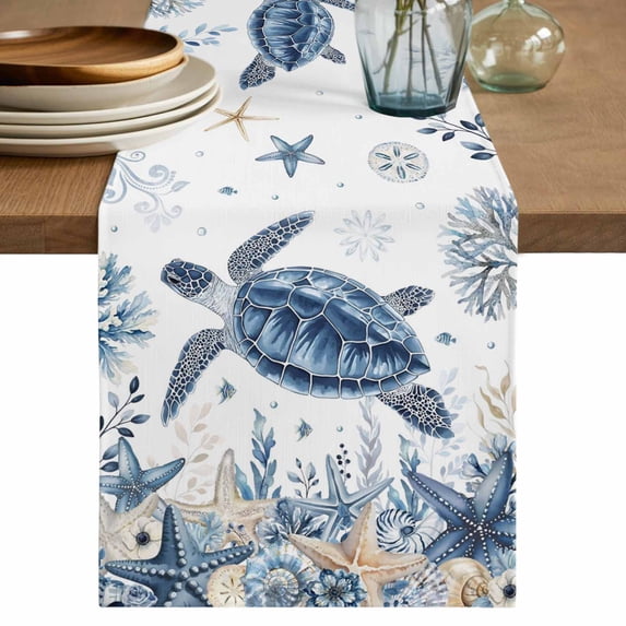 Blue Turtle Coastal Table Runner 36 Inches, Beach Starfish Nautical Coral Shell Bed Runner Dresser Scarves Tabletop for Indoor Outdoor Parties/Ceremony/Banquet, 13"x 36"