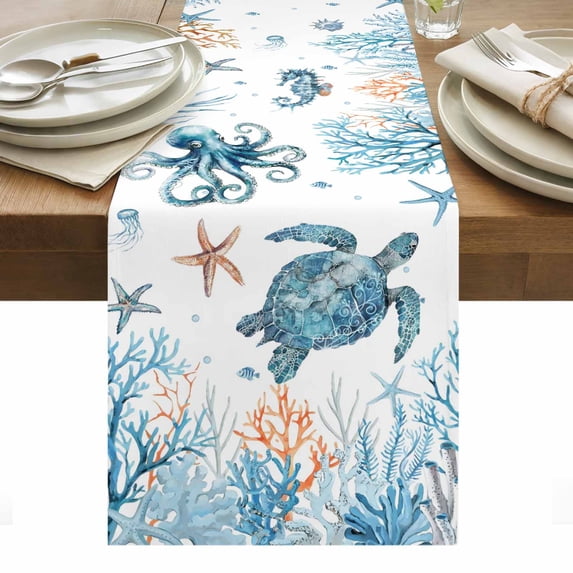 Blue Turtle Coastal Table Runner - 48 Inch Long, Kitchen Dining Table Runner Dresser Scarves, Octopus Summer Beach Coral Starfish Farmhouse Decor for Coffee Tables Wedding Party Banquet