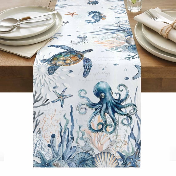 Blue Turtle Coastal Table Runner - 60 Inch Long, Kitchen Dining Table Runner Dresser Scarves, Octopus Summer Beach Coral Starfish Seahorse Farmhouse Decor for Coffee Tables Wedding Party Banquet