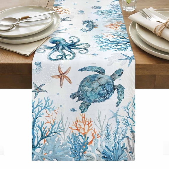 Blue Turtle Coastal Table Runner - 70 Inch Long, Kitchen Dining Table Runner Dresser Scarves, Octopus Summer Beach Coral Seahorse Farmhouse Decor for Coffee Tables Wedding Party Banquet