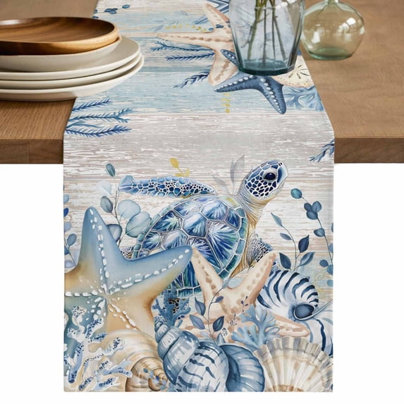 Blue Turtle Coastal Table Runner 90 Inches, Beach Coral Nautical Starfish Sea Eucalyptus Vintage Bed Runner Dresser Scarves Tabletop for Indoor Outdoor Parties/Ceremony/Banquet, 13" x 90"