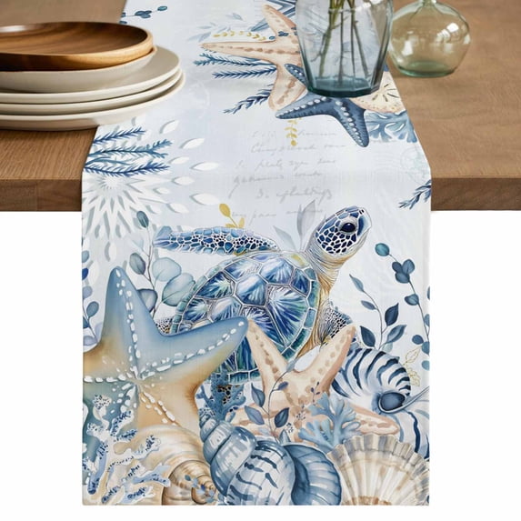 Blue Turtle Coastal Table Runner 90 Inches, Summer Beach Coral Nautical Starfish Sea Eucalyptus Bed Runner Dresser Scarves Tabletop for Indoor Outdoor Parties/Ceremony/Banquet, 13" x 90"