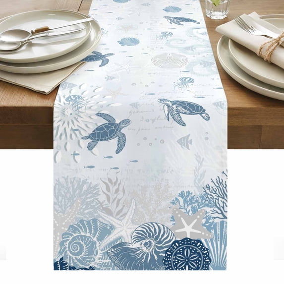 Blue Turtle Coastal Table Runner Nautical Summer Beach Coral Shell ...