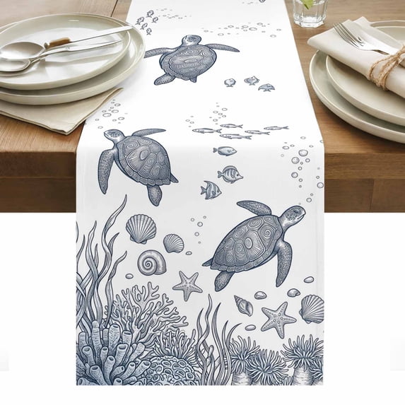 Blue Turtle Coastal Table Runner Summer Beach Coral Ocean Starfish ...