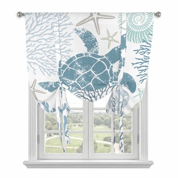 Blue Turtle Coastal Tie Up Curtains for Kitchen Windows,Adjustable Rod Pocket Valance 45 Inch Short, Summer Beach Nautical Coral Window Treatment Balloon Roman Blind Shade, 52" x 45"
