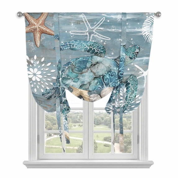 Blue Turtle Coastal Tie Up Curtains for Kitchen Windows,Adjustable Rod ...