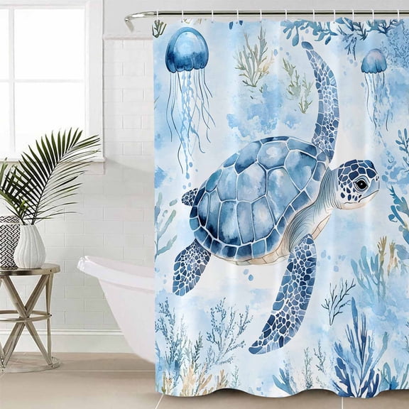 Blue Turtle Coastal Waterproof Fabric Shower Curtain, Coral Beach Nautical Ocean Shower Curtain for Bathroom Curtains Bathtubs Hotel Washable Shower Curtains with 12 Hooks Standard 60x72