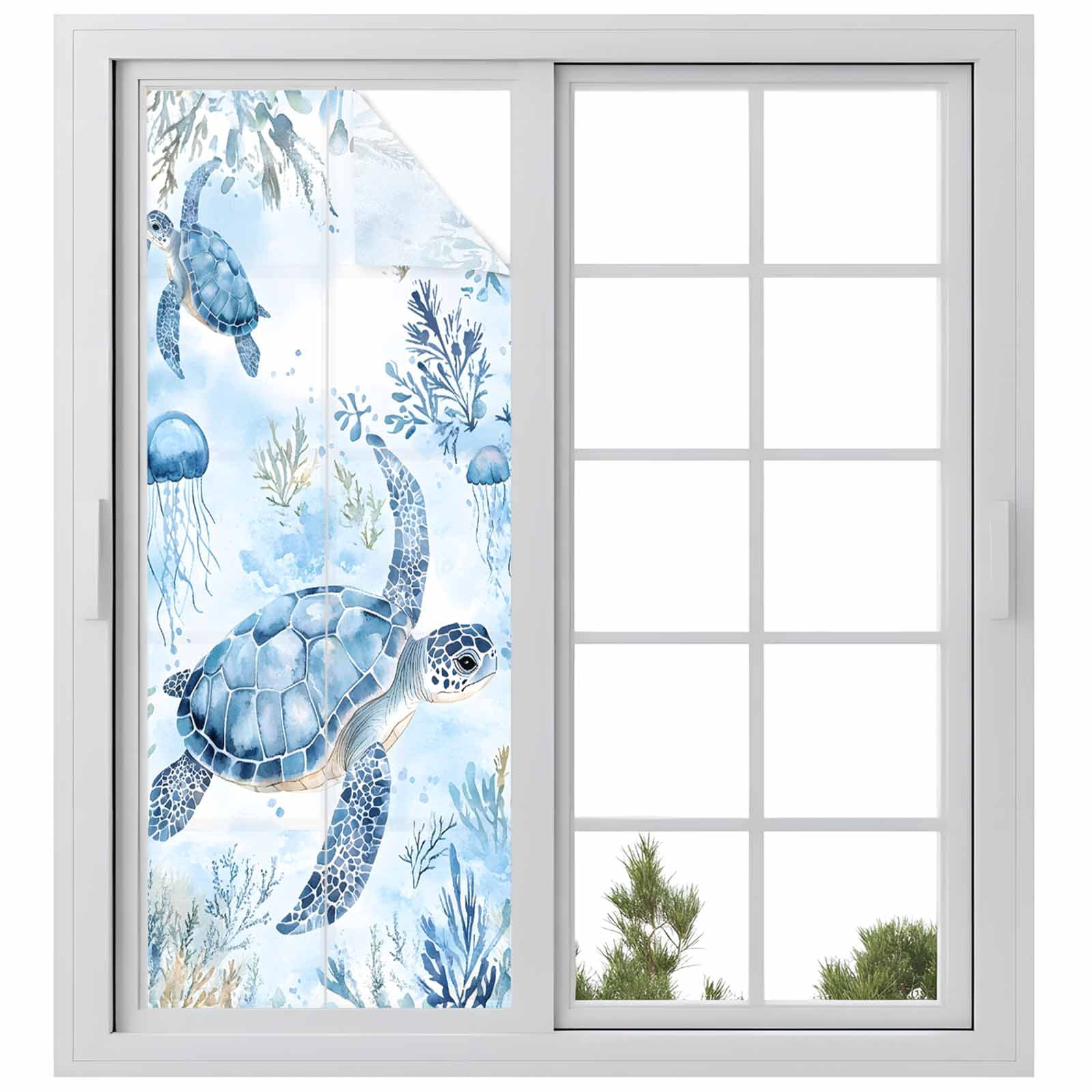 Blue Turtle Coastal Window Privacy Film, Coral Beach Nautical Ocean Static Cling UV Sun Blocking Heat Control Window Tint Day and Night, Non-Adhesive One Way Windows Privacy Cover 23.6''x59''
