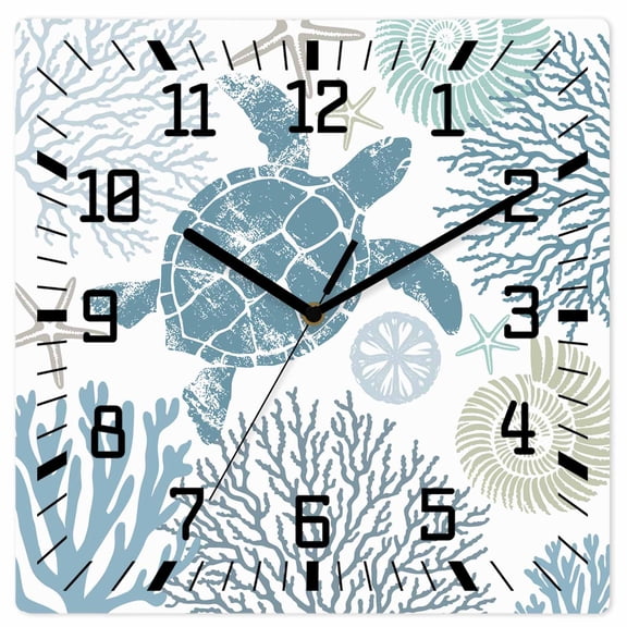 Blue Turtle Coastal Wooden Wall Clock Silent Non Ticking, Summer Beach Nautical Coral Square Wall Clocks Battery Operated, Decor Clock for Home Office, Living Room, Kitchen, 10 Inch