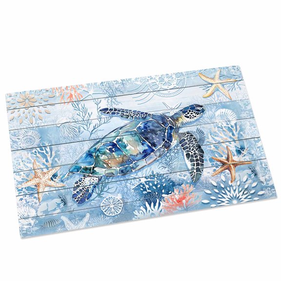 Blue Turtle Door Mat 16x24 Inch Summer Ocean Beach Starfish Coral Wood Board Entryway Rug with Non-Slip Rubber, Front Door Rug Indoor Floor Mats for Living Room Bathroom Bedroom Home Office