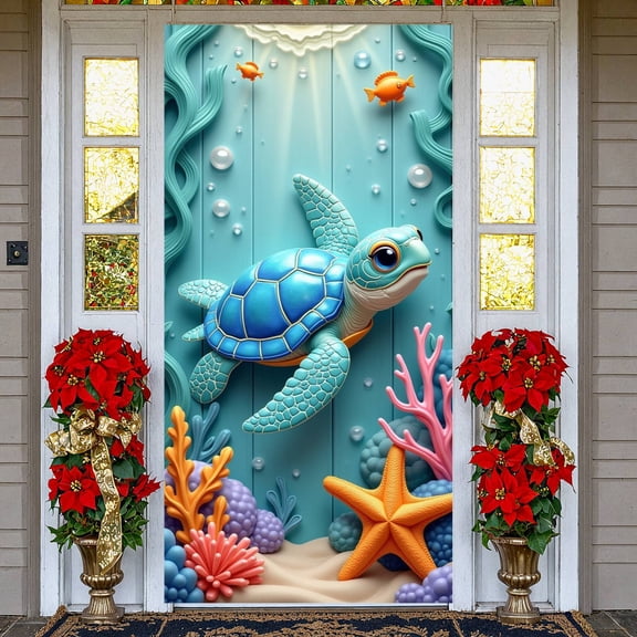 Blue Turtle Ocean Banner Colorful Coral Sea Turtle Backdrop Underwater Bubbles Tropical Fish Marine Display for Kids Party Birthday Celebration Photo Shoot Backdrop