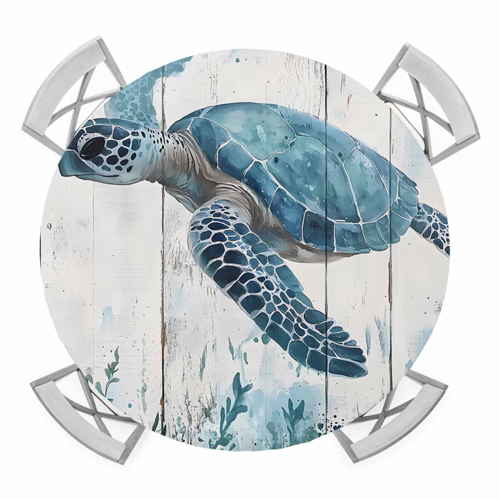 Blue Turtle Seaweed Painting Elastic Fitted Round Table Cover White ...