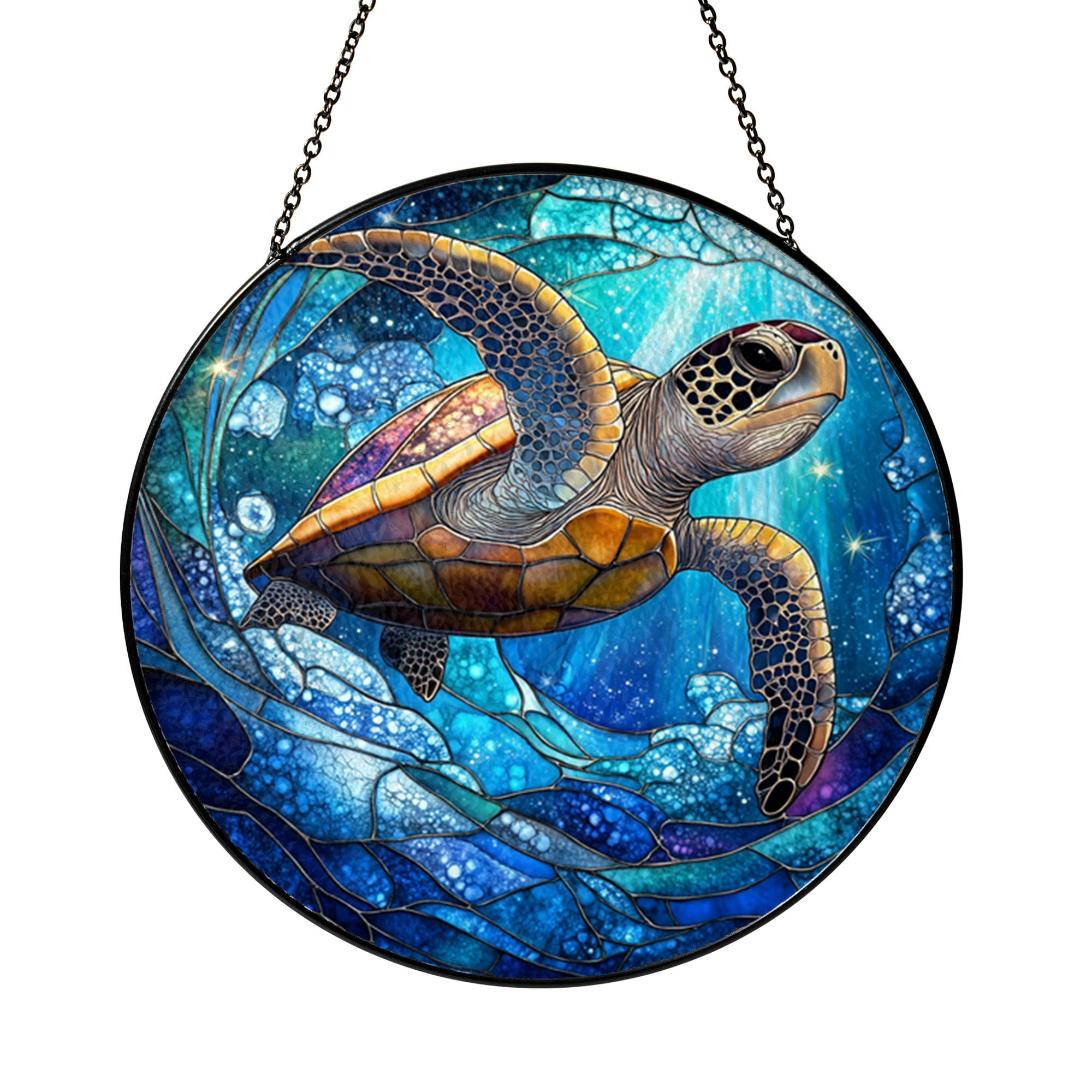 Blue Turtle Stained Glass Style Watercolor Artwork, Round Animal ...