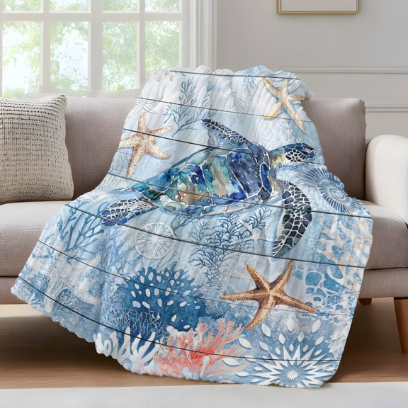 Blue Turtle Throw Blanket for Couch Summer Ocean Beach Starfish Coral Wood Board Soft and Warm Flannel 3D Striped Fluffy Fuzzy Fleece Blanket Lightweight Throw for Bed, Sofa 30 x 40 Inches
