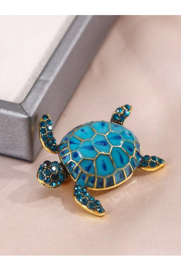 Blue Turtle ZT7400 Rhinestone Inlaid Brooch, Goldtone Alloy Cartoon Animal Pin Accessory
