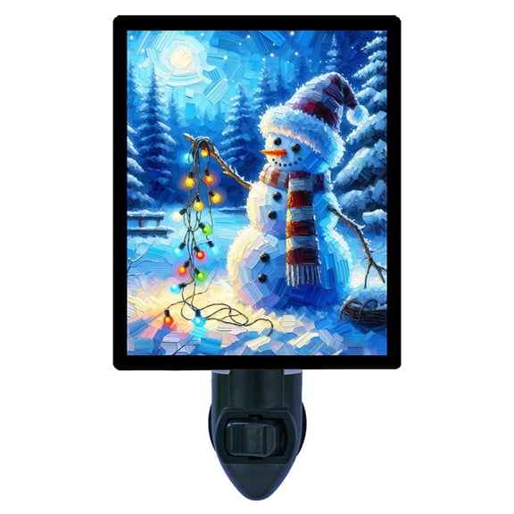 Blue Twilight Night Light Festive Snowman with Christmas Lights, Winter Holiday Scene, Cozy Seasonal, Free Switchable Insert