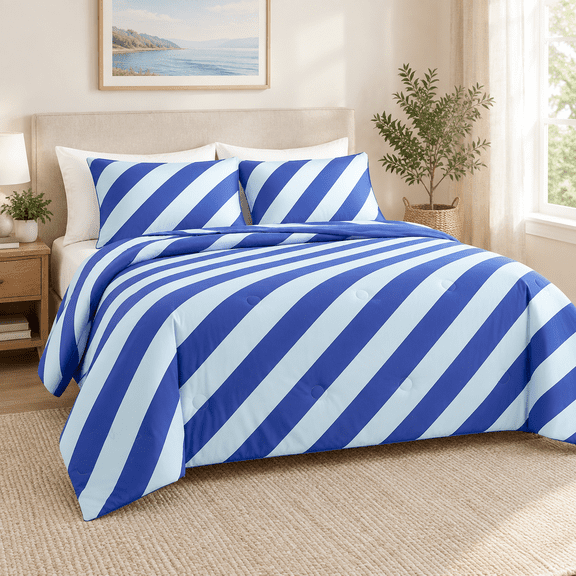 Blue Twill Stripe King(106"*90") Double-sided Cool Tech Lightweight Summer Quilt Comforter