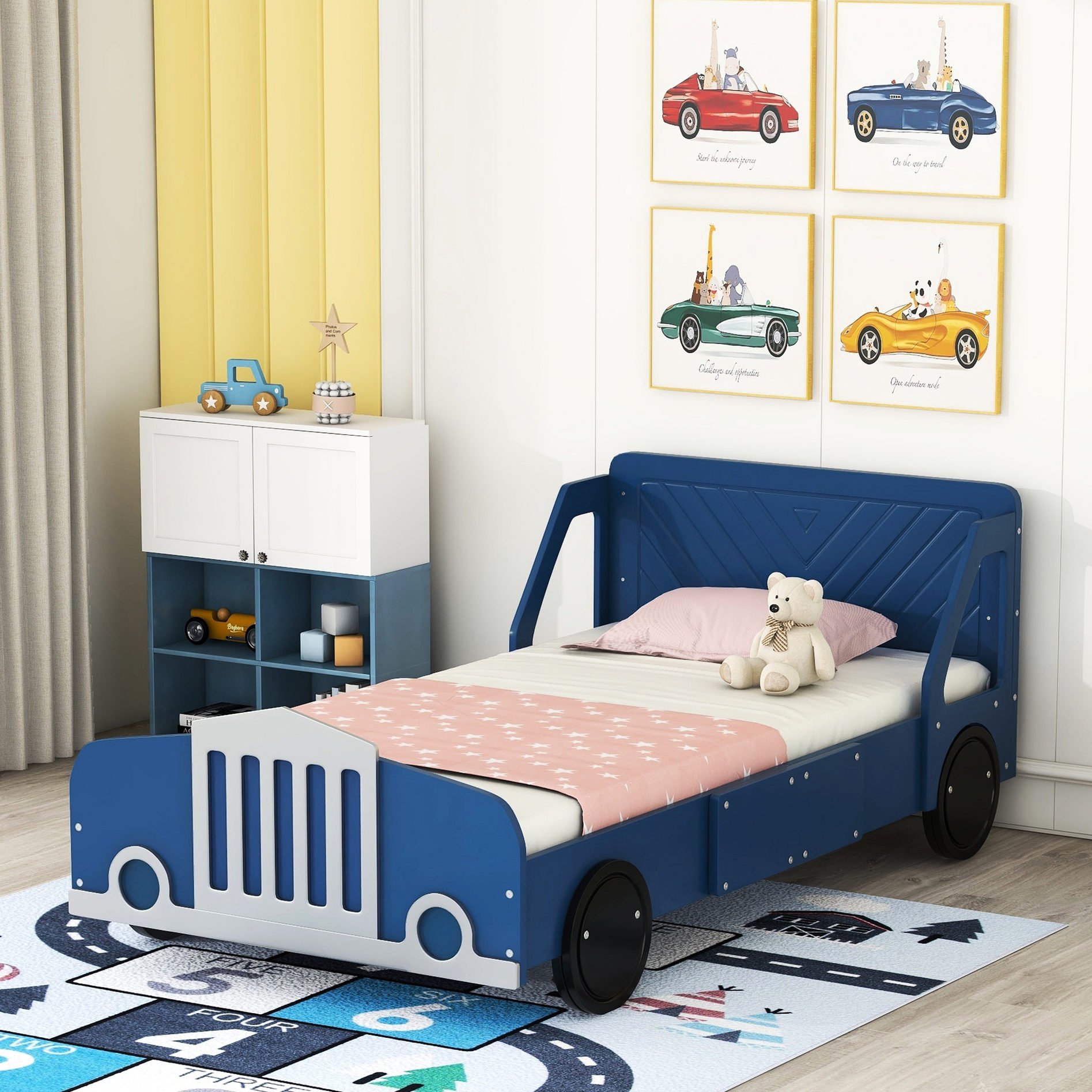 Blue Twin Car Bed with Wheels and Safety Rails - Walmart.com