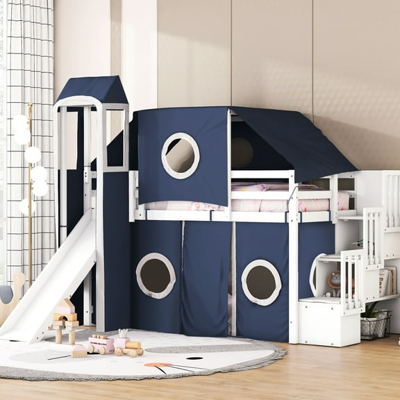 Blue Twin Loft Bed With Tent And Tower. Solid Pine Wood Build. Playhouse Inspired Design. Extra Spacious Under Space. Mattress Not Included. Assembly Required Size & Construction From . Design