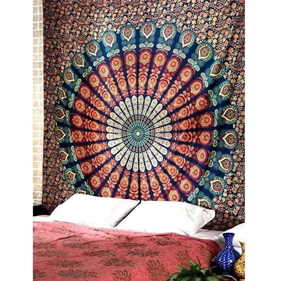 Blue Twin Mandala Tapestry Wall Hanging Indian Cotton Tapestries Bedspread Picnic Beach Throw Blanket Wall Art Hippie Tapestry Bed Cover (Navy Blue, Twin) (Multicolor)