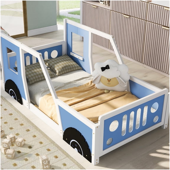Blue Twin Size Platform Bed Frame with Wheels, Race Car Themed Design, Pine Wood Build