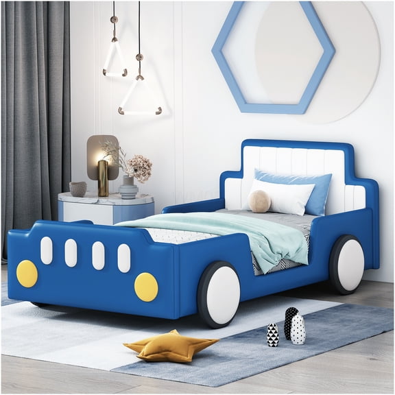 Blue Twin Size Race Car Bed with Wheels, PU Leather Upholstered Low Profile Platform Bed Frame with Guardrails
