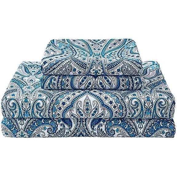 Blue Twin Size Sheet Set, Paisley Printed Bed Sheets for Single Bed, 3-Piece Microfiber Fitted Sheet with 15" Deep Pocket & Non-Slip Straps, Patterned Bedding Sheets & Pillowcase Set