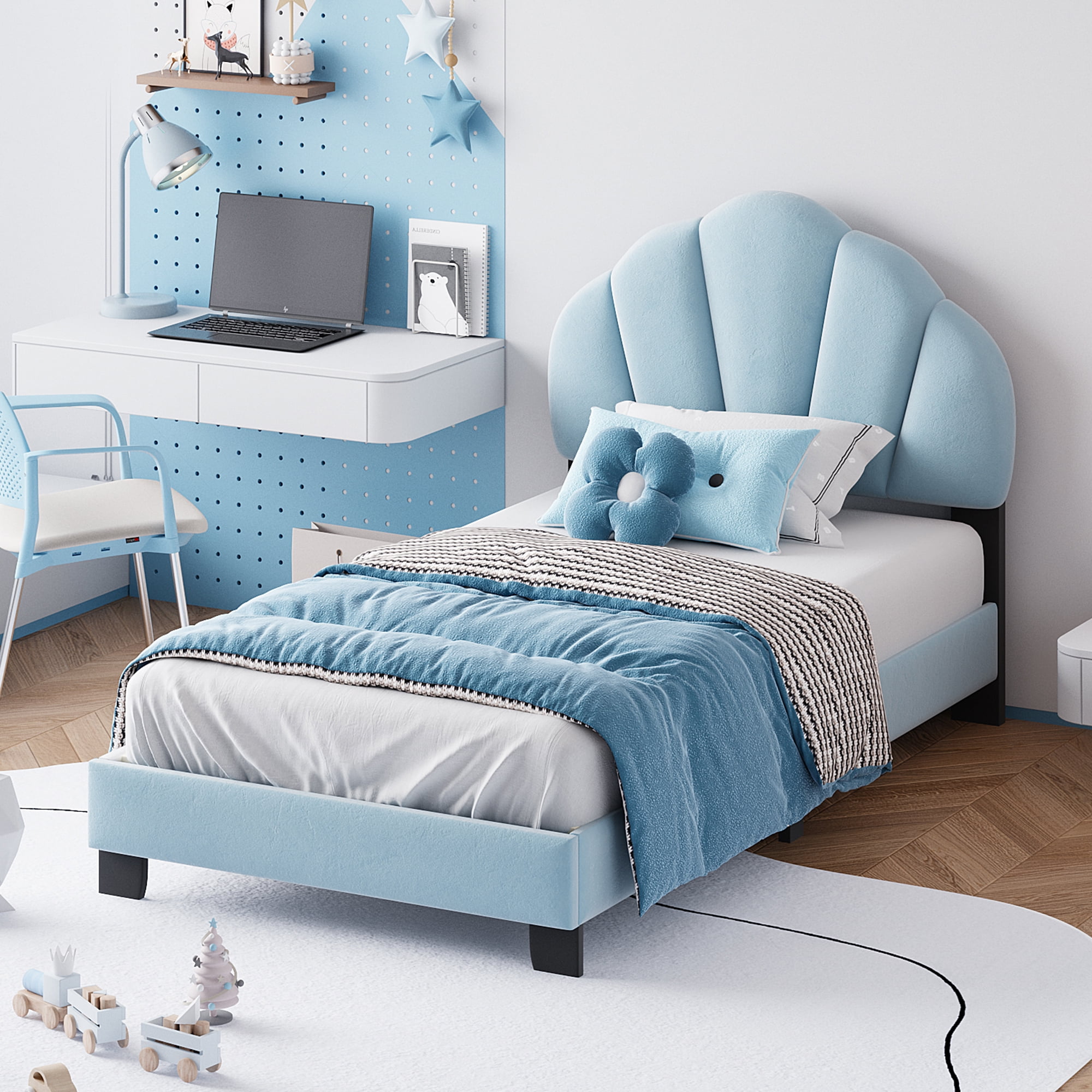 Blue Twin Size Velvet Upholstered Platform Bed with Shell Headboard ...