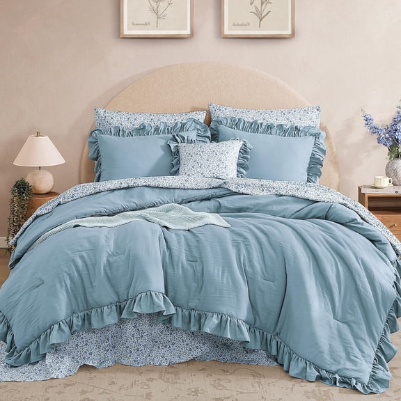 Blue Twin XL Ruffle Floral Accent Bed-in-a-Bag Set