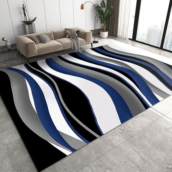 Blue Twisted Metal Style Lines Area Rug, Gradient Abstract Black And White Gray Stripes Large Rug, Washable Breathable Durable Carpet For Room Sofa Living Room Bedroom Home Decor 1x2ft