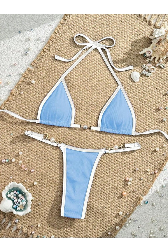 Blue Two-Piece Bikini Set With Ribbed Fabric, White Trim, And Pearl-Embellished Chain Detail Halter Top Thong Bottom